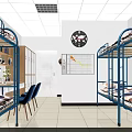 School Dormitory Interior With Blue Bunk Beds Desks Chairs Wall Clock And Chart 3d model