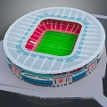 Modern Stadium Architecture With Red Seats Green Football Pitch And White Roof Structure