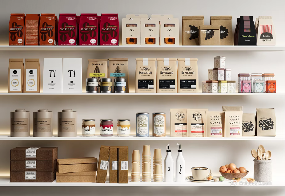 Organized Shelves with Various Packaged Food Items Boxes Cans Jars and Kitchen Essentials 3d model 