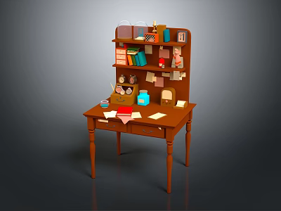 Wooden Desk with Attached Bookshelf Featuring Books Stationery and Small Decorations 3d model