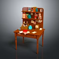 Wooden Desk with Attached Bookshelf Featuring Books Stationery and Small Decorations