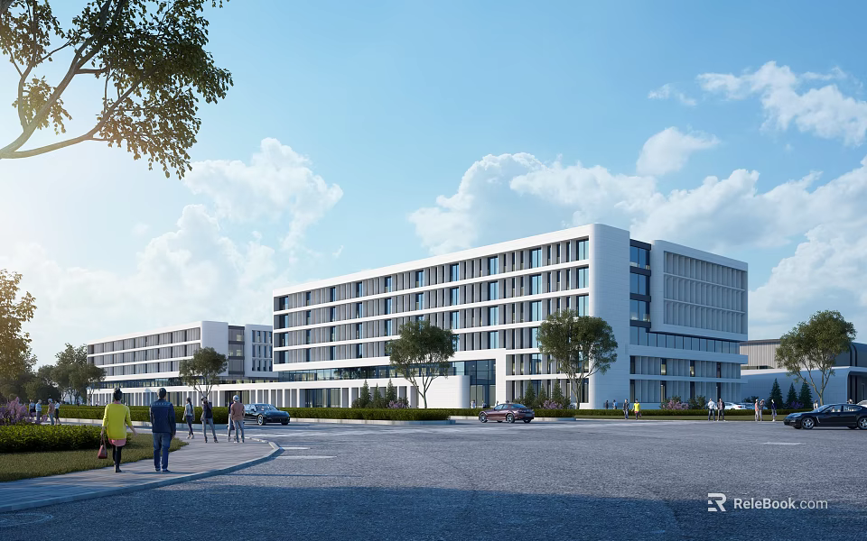 Modern White Office Building Exterior Featuring Multi Floor Structure Trees Pedestrians Parking And Blue Sky 3d model 