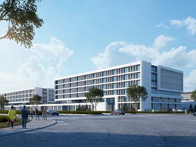 Modern White Office Building Exterior Featuring Multi Floor Structure Trees Pedestrians Parking And Blue Sky 3d model