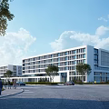 Modern White Office Building Exterior Featuring Multi Floor Structure Trees Pedestrians Parking And Blue Sky