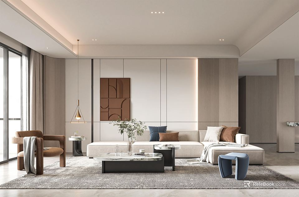 Modern Living Room Interior With Neutral Sofa Coffee Table Area Rug And Wall Art 3d model 