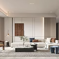 Modern Living Room Interior With Neutral Sofa Coffee Table Area Rug And Wall Art