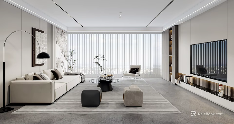 Modern Living Room Interior With Beige Sofa Ottomans Coffee Table Floor-to-Ceiling Blinds And TV Wall 3d model 