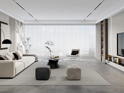 Modern Living Room Interior With Beige Sofa Ottomans Coffee Table Floor-to-Ceiling Blinds And TV Wall 3d model