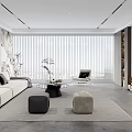 Modern Living Room Interior With Beige Sofa Ottomans Coffee Table Floor-to-Ceiling Blinds And TV Wall