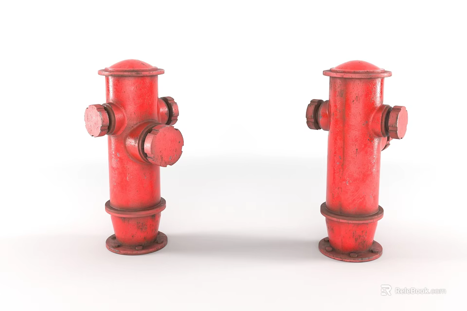 Two Old Fashioned Red Fire Hydrants With Rustic Valves And Metal Outlets 3d model