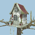 Cute Treehouse On Tree With Red Roof White Walls Wooden Ladder And Green Grass