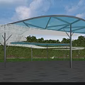 Modern Pergola With Blue Transparent Roof And White Supports In Green Outdoor Space