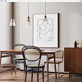 Modern Restaurant Interior With Wooden Dining Table Chairs Decorative Painting Hanging Lights And Plants