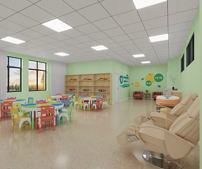 Bright Kindergarten Activity Room With Green Walls Colorful Tables Chairs Bookshelves And Toys 3d model