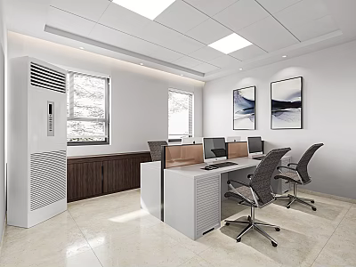 Modern Bright Public Office Space with Workstations Computer Monitors Framed Paintings and Large Windows 3d model