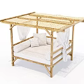 Stylish Outdoor Sofa with Bamboo Frame Woven Canopy White Curtains and Plush White Cushions