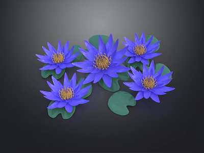 Five Blue Blooming Lotus Flowers With Green Leaves On Black Background 3d model