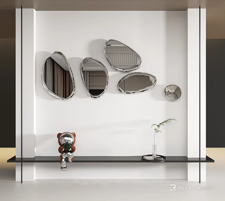 Modern Silver Irregular Mirrors as Wall Decor on White with Black Shelf Small Green Plant 3d model 