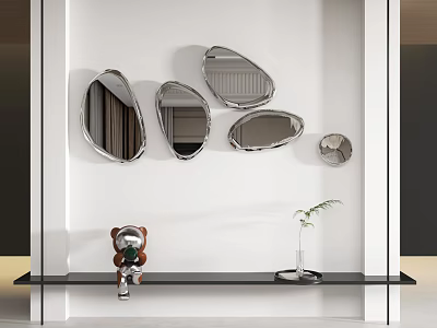 Modern Silver Irregular Mirrors as Wall Decor on White with Black Shelf Small Green Plant 3d model