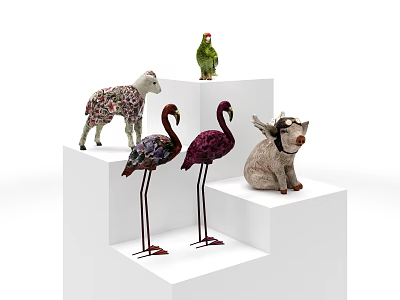Decorative Ornament Set Featuring Sheep Parrot Flamingos And Pig On White Tiered Display Stand 3d model