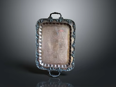 Elegant Silver Tray With Decorative Edges And Handles On Dark Background 3d model