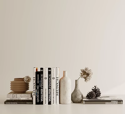 Decorative Ornament Set With Stacked Books Clay Pots Vases Dried Flowers And Pine Cones 3d model