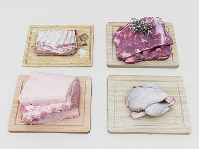 Fresh Raw Meat Varieties On Wooden Cutting Boards Including Ribs Steak Pork And Chicken 3d model