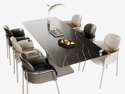Modern Black Marble Dining Table Set With Black And Beige Chairs And Decorative Items 3d model