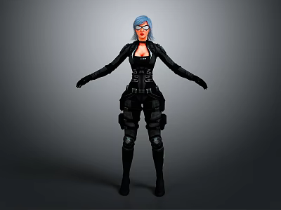 Blue Haired Female Character Wearing Glasses Black Tactical Outfit With Combat Gear Standing Arms Outstretched 3d model