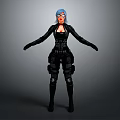 Blue Haired Female Character Wearing Glasses Black Tactical Outfit With Combat Gear Standing Arms Outstretched