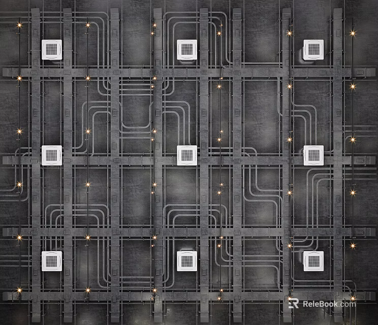 Industrial Grid Ceiling Design With Recessed Lights And Ventilation Panels 3d model 