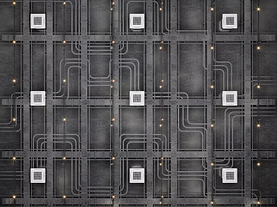 Industrial Grid Ceiling Design With Recessed Lights And Ventilation Panels 3d model