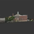 Cartoon Style Building Scene with Red Brick Walls White Roof Green Lawn and Chimney Pathway