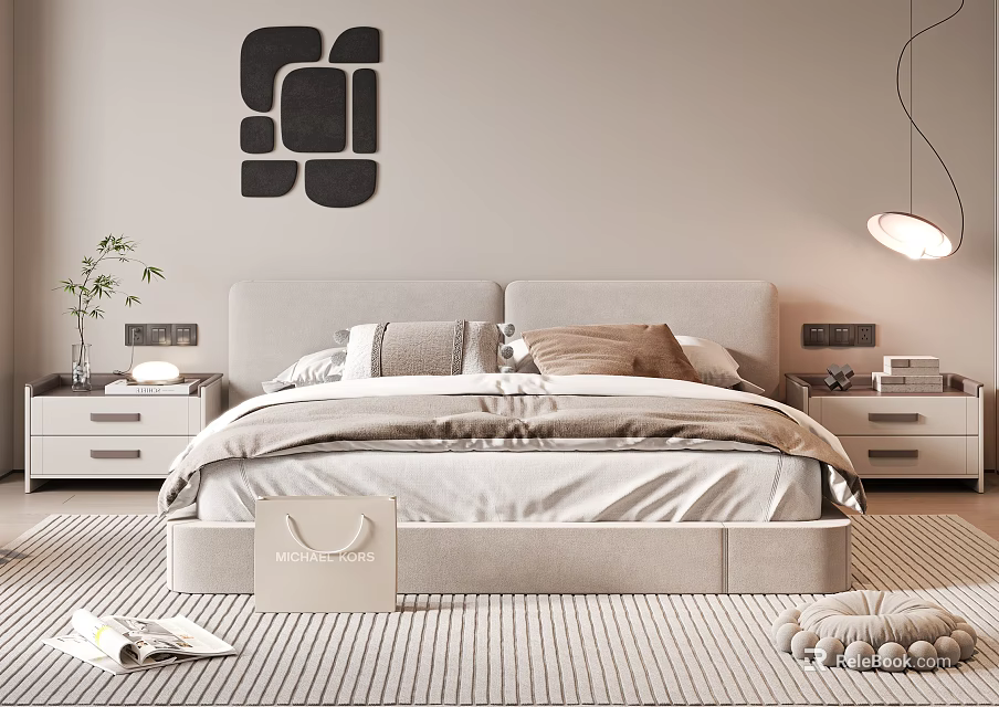 Modern Double Bed With Beige Headboard Nightstands Striped Rug And Abstract Wall Art 3d model 
