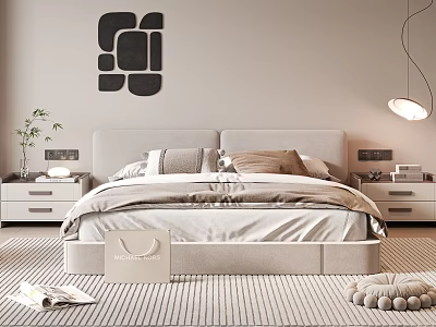 Modern Double Bed With Beige Headboard Nightstands Striped Rug And Abstract Wall Art 3d model