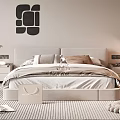 Modern Double Bed With Beige Headboard Nightstands Striped Rug And Abstract Wall Art