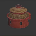 Red Round Barn Building With Striped Brown Yellow Roof And Small Windows Design