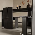 Modern Black Dining Table Set with Chairs Hanging Pendant Light Candles and Decorative Vases