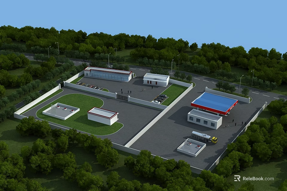 Industrial Factory Complex With Multiple Buildings Blue Roof Surrounding Greenery Trees Truck And Road 3d model 