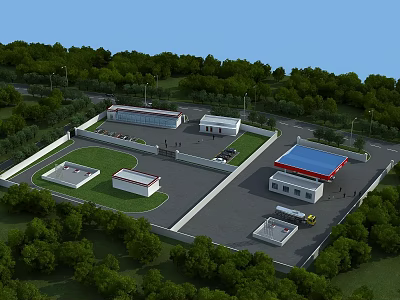 Industrial Factory Complex With Multiple Buildings Blue Roof Surrounding Greenery Trees Truck And Road 3d model