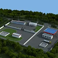 Industrial Factory Complex With Multiple Buildings Blue Roof Surrounding Greenery Trees Truck And Road