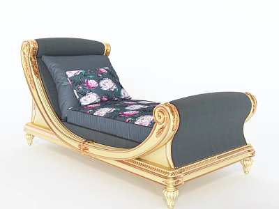 Elegant Classic Chaise Lounge With Golden Frame Gray Upholstery And Floral Pattern Cushions 3d model