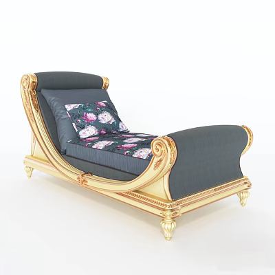 Elegant Classic Chaise Lounge With Golden Frame Gray Upholstery And Floral Pattern Cushions 3d model