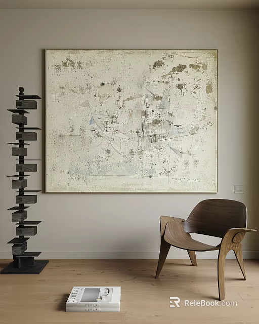 Abstract Painting in Neutral Tones with Black Stacked Sculpture and Wooden Chair on Light Wall 3d model 