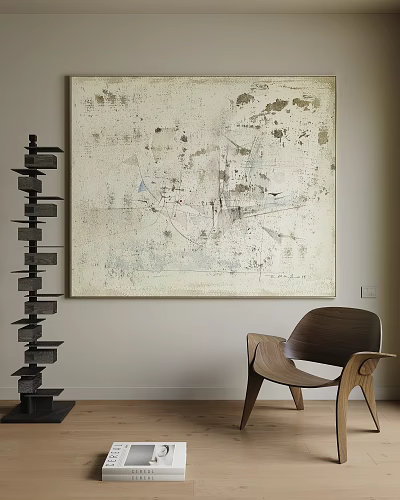 Abstract Painting in Neutral Tones with Black Stacked Sculpture and Wooden Chair on Light Wall 3d model