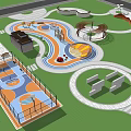Colorful Park Playground Design With Curved Pathways Green Lawns Circular Plazas And Gazebo