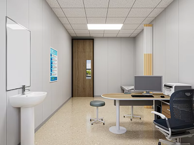 Clinic Examination Room Interior With White Walls Sink Computer Table Chair And Stool 3d model