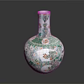 Decorative Green And White Vase With Red Floral Patterns Slender Neck And Spherical Body