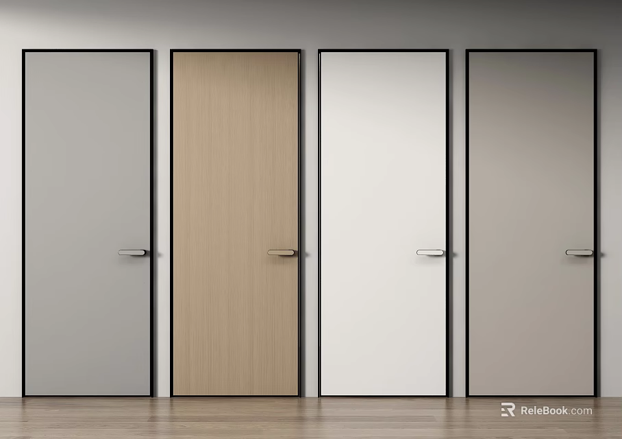 Modern Interior Hinged Doors In Different Colors With Wooden And Panel Finishes And Metal Handles 3d model 