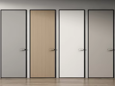Modern Interior Hinged Doors In Different Colors With Wooden And Panel Finishes And Metal Handles 3d model